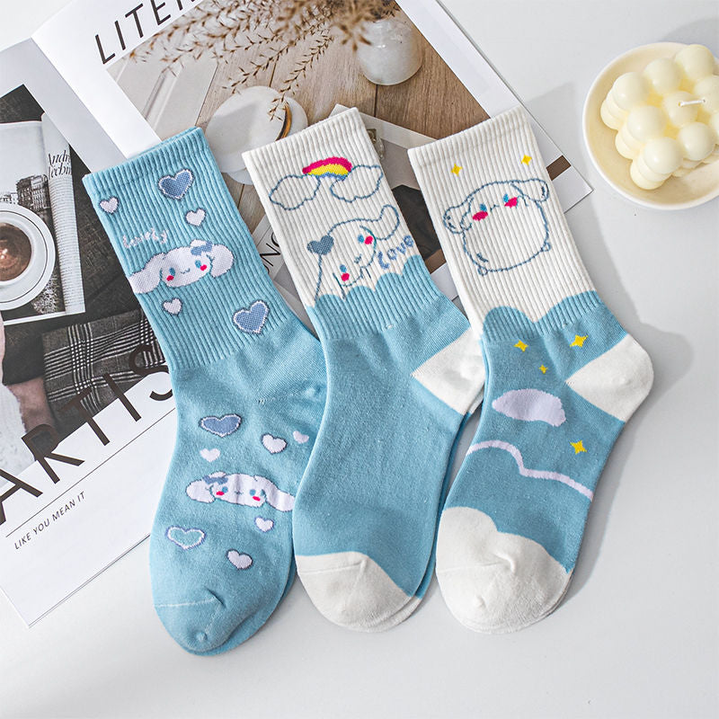 Sanrio Cinnamoroll Cardong Cartoon Girl Heart Autumn and Winter In The Tube Cartoon Socks Every Match Cute Blue Girl Wind