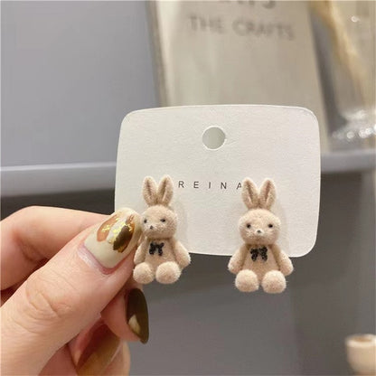 Bear Earrings for Women Girls Fashion Korea Silver Needle Autumn and Winter Earrings Cute Flocking Rabbit Ear Studs Jewelry