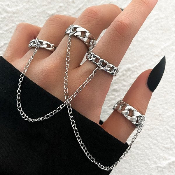 Vintage Punk Butterfly Tassel Chain Ring With Bracelet Link Wrist Chain Finger Rings For Women Flower Pearl Zircon Ring Jewelry