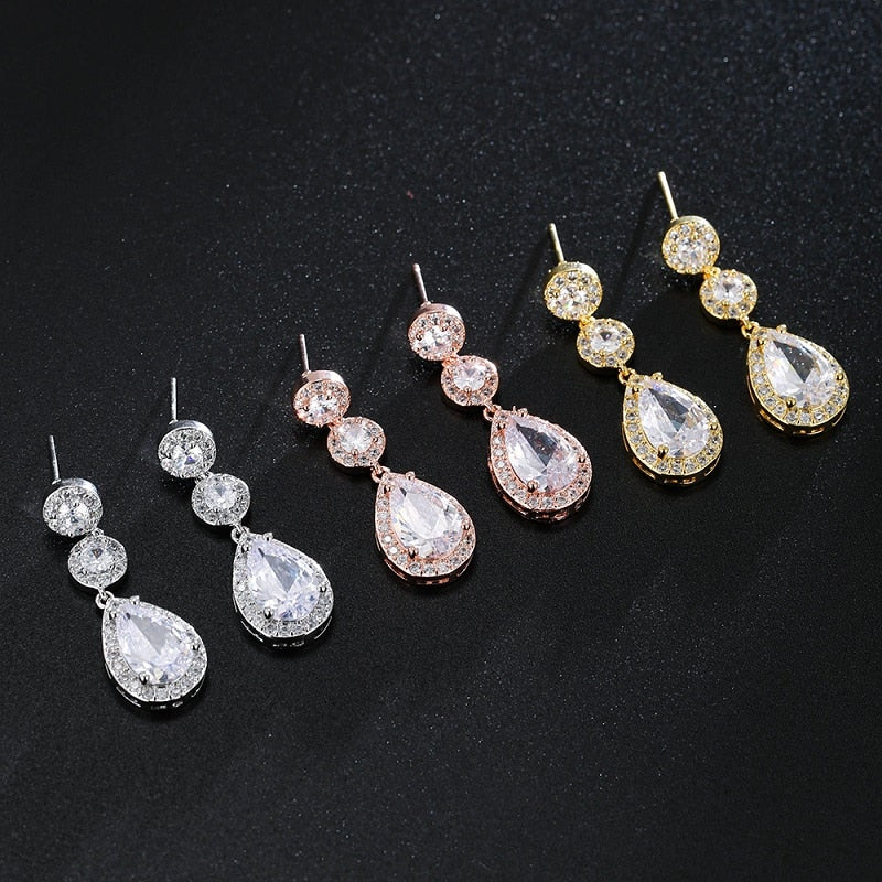 Luxury Zircon Wedding Long Dangle Earrings with Round Water Drop Elegant CZ Earrings for Women Bridal Wedding Jewelry Dress