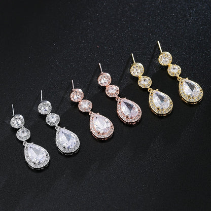Luxury Zircon Wedding Long Dangle Earrings with Round Water Drop Elegant CZ Earrings for Women Bridal Wedding Jewelry Dress