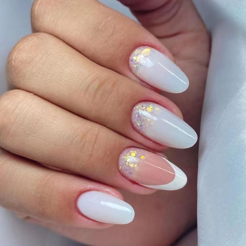 24Pcs Almond Fake Nail Gradient Simple French False Nails Daisy Flower Design Manicure Nails Detachable Full Cover Press On Nail