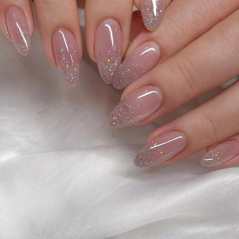 24pcs pink clouds design false nails with glue press on nails medium length acrylic nails coffin full cover nails tips supplies