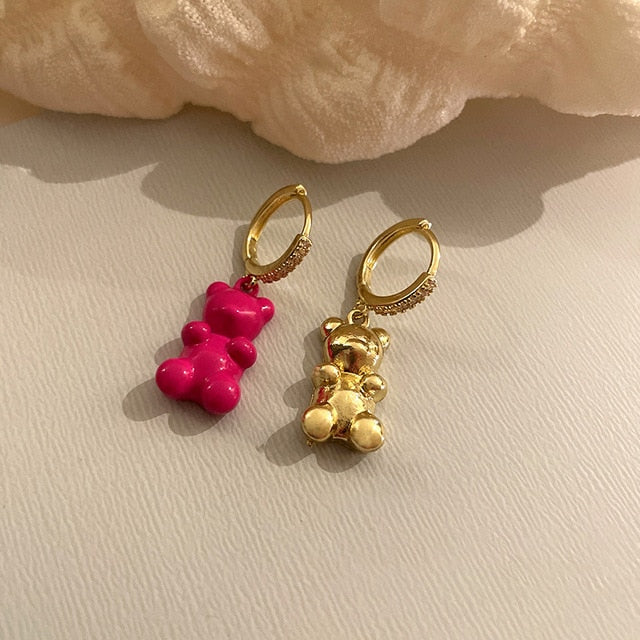 Cute Acrylic Candy Gummy Bear Dangle Earrings for Women Rainbow Bear CZ Hoop Earrings Korean Fashion Sweet Girl Jewelry