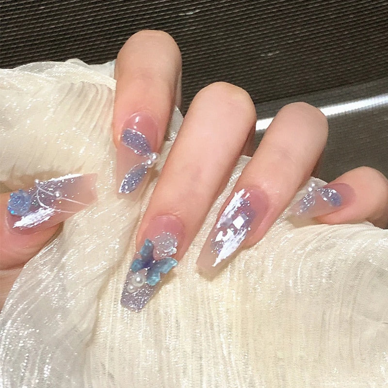 24Pcs Pink Ballet False Nails Long Coffin with Rhinestone Love Heart Wearable Fake Nails Full Cover Press on Nails Tips Glitter