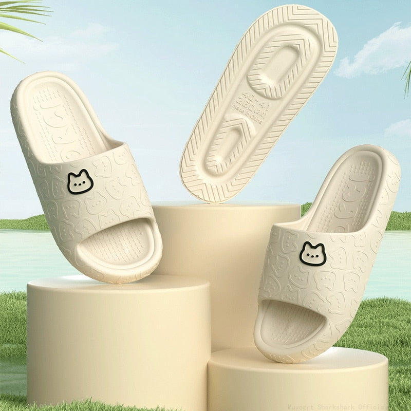 Cute Cat Print Women Slippers Home Indoor Slides Men Women Flat Slippers Cartoon Non-Slip Outdoor Beach Slides Shoes Shower