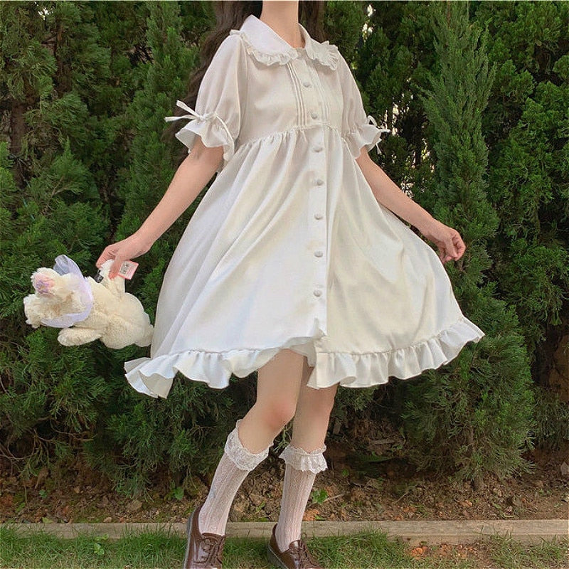 Dresses Women Japanese Style Sweetie Loose All-match Students Kawaii Comfortable Solid Trendy Knee-length Popular Lovely Summer