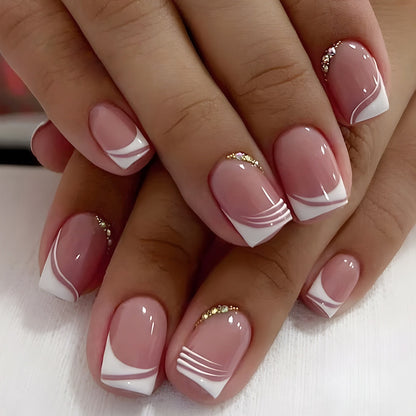 24pcs French White Side False Nails Wearable Rhinestone Desgin Fake Nails Short Simple Nail Full Cover Nail Tips Press On Nails