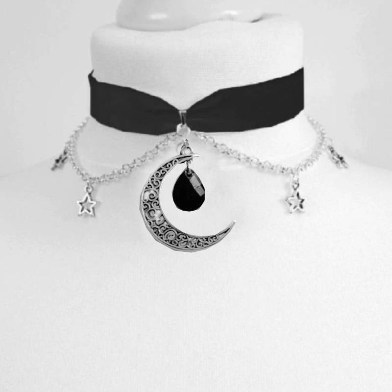 Velvet moon  stars choker Moon And Stars Chain Choker Kawaii Pastel Pink Velvet Chain fashion delicacy women