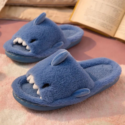 Comwarm Autumn And Winter Cartoon Shark Wool Slippers For Women Soft Home Men's Indoor Household Open Toe Plush Cotton Slippers