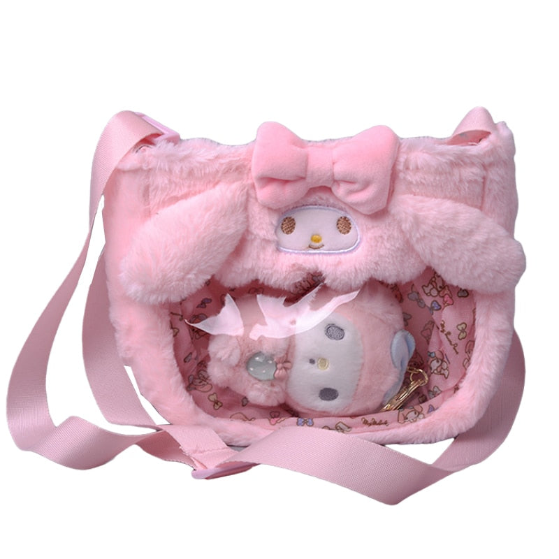 Anime Sanrio Cartoon Plush Doll Bag Kawali Figure Cinnamoroll Kuromi My Melody Messenger Bag Shoulder Backpack with Stuffed Animal Plushies For Girl