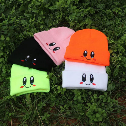 Kawaii Kirby Plush Knitted Hat Unisex Smiley Eyes Video Game Embroidery Winter Hat Plushie Knit Bonnet Fashion Boy Girl Birthday Gift