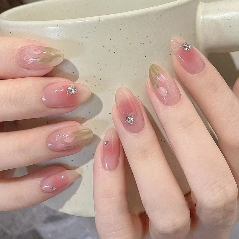 24pcs pink clouds design false nails with glue press on nails medium length acrylic nails coffin full cover nails tips supplies