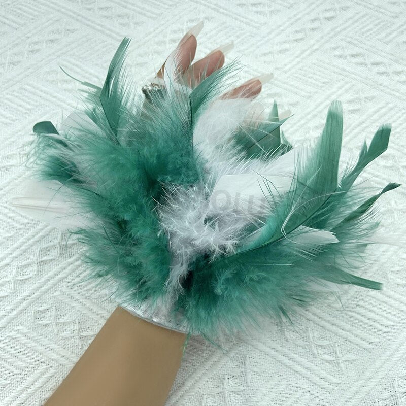 Women Natural Fur Feather Cuffs Snap On Bracelet Arm Cuff Shirts Sleeves For Women Real Ostrich Feather  Anklet Wrist Cuff