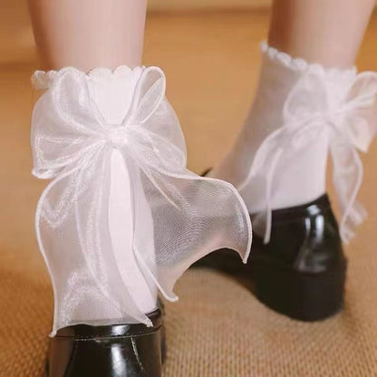 Ribbon Bow Socks Girls Soft White Lace Lolita Socks Women's Mid-Calf Cute Ruffle Frilly Ankle Socks Japanese Style Dress Hosiery