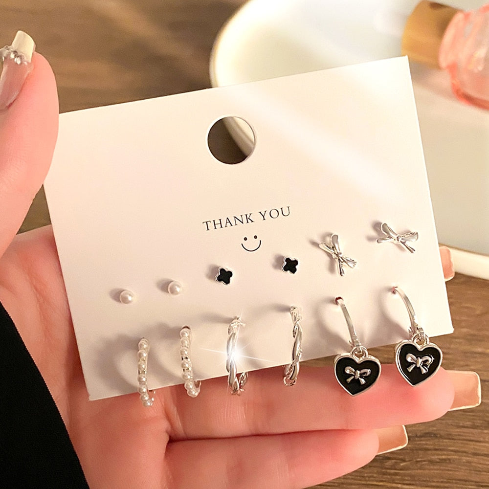 FNIO Korean Fashion Metal Love Heart Circle Drop Small Earrings for Women Trend Pendant Piercing Earrings Set Jewelry