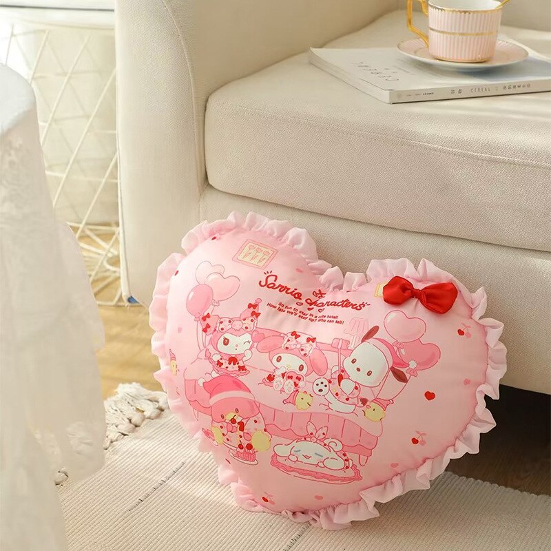 Cute Anime Sanrio Love Heart Shapes Plush Throw Pillow Cartoon My Melody Cinnamoroll Kuromi Kawaii Plushie Toys Back Cushion