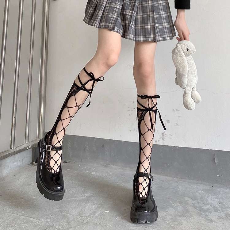 Jk Tie Lace Fishnet Stockings Irregular Split-toe Calf Socks Women's Middle Tube Socks Straps Summer Long Japanese Socks