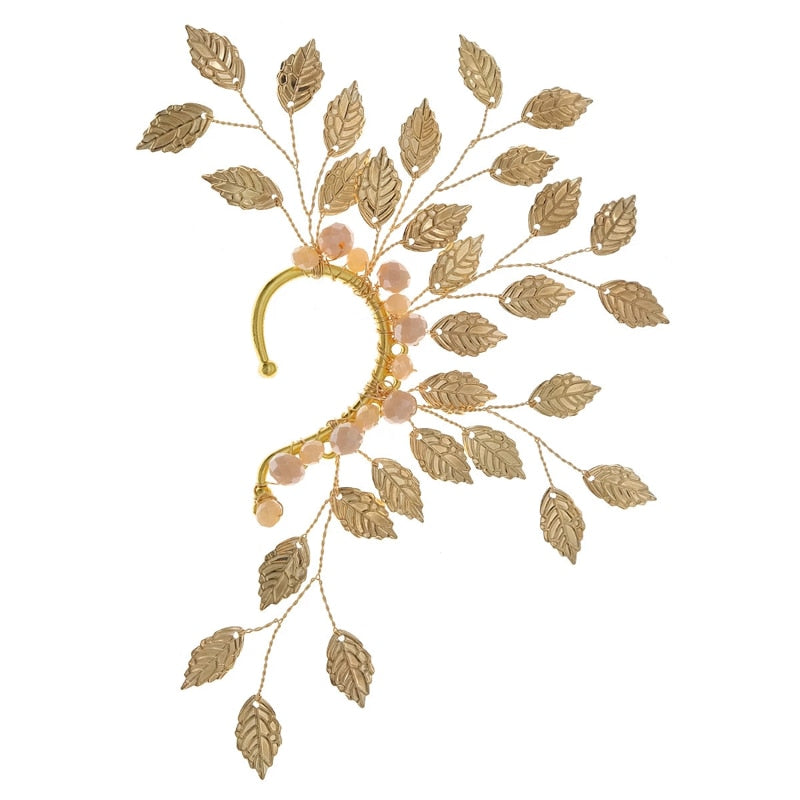 Alloy Leaves Women Ear Cuff Vintage Baroque Exaggerated Beads Clip Earrings Handmade Party Jewelry Gifts Female