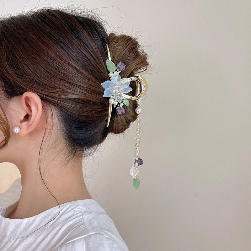 New Classical Orchid Pearl Tassel Grab Clip Ladies Ponytail Clip Flower Shark Clip Girl Elegant Headwear Accessories
