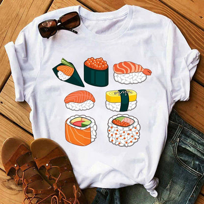 Women Black T-shirts Summer Cute Sushi hug Short Sleeve Tees shirt Femme Summer O-Nock Kawaii Clothing Tops Ladies T shirt