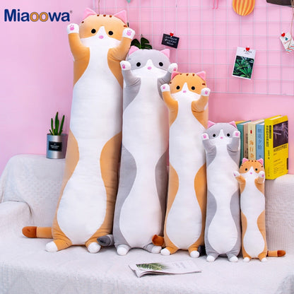 Long Cat Plush Pillow 70cm Cute Kawaii Stuffed Animal Kitten Plushie Toy Nap Pillow Bed Sofa Sleep Home Decor Gift Soft Kitty Doll for Kids Girl