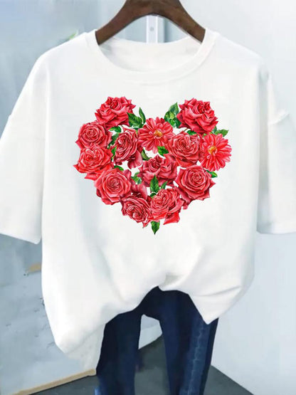Flower Print Fashion Plant Trend Lovely Style Short Sleeve Women Graphic Tee Summer T Clothing Female Clothes Casual T-shirts