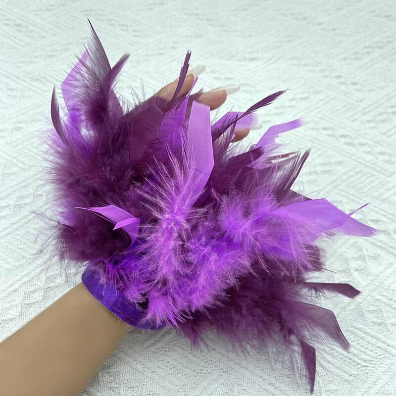 Women Natural Fur Feather Cuffs Snap On Bracelet Arm Cuff Shirts Sleeves For Women Real Ostrich Feather  Anklet Wrist Cuff