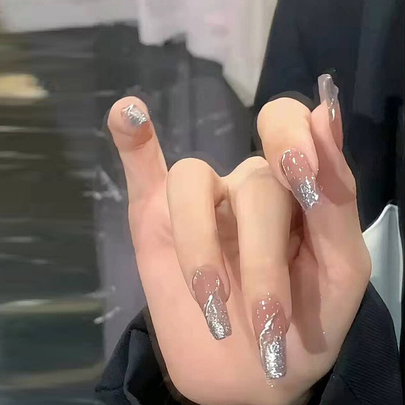 24Pcs Pink Ballet False Nails Long Coffin with Rhinestone Love Heart Wearable Fake Nails Full Cover Press on Nails Tips Glitter