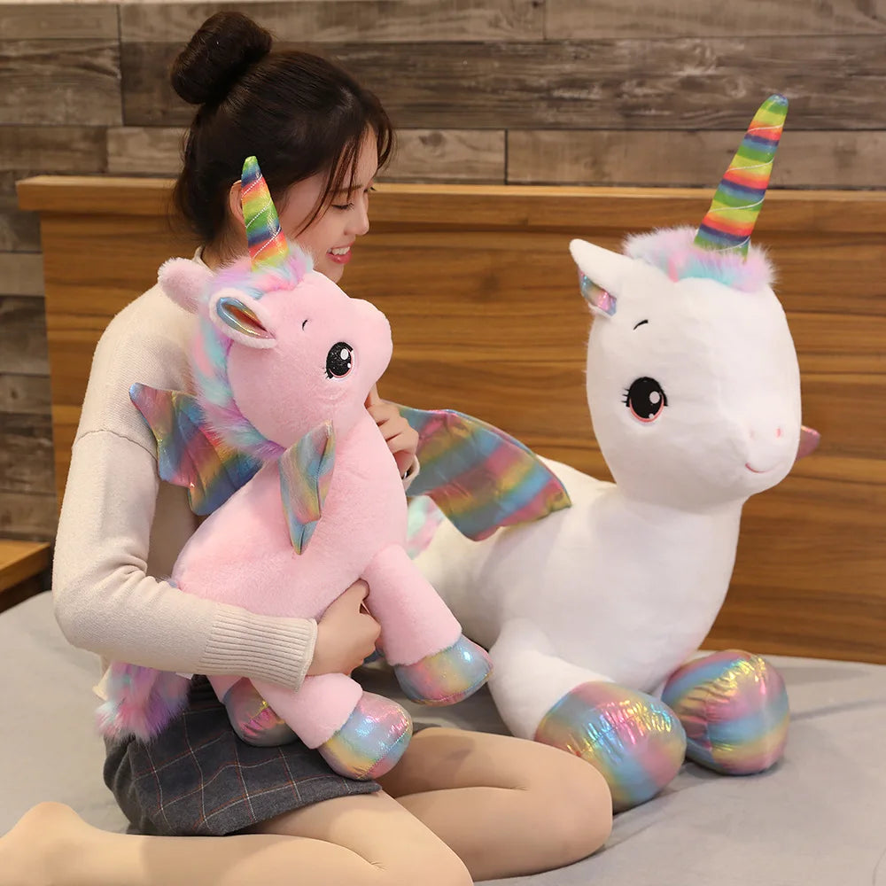 Unicorn Plush Toy Huggable Pony Stuffed Animal Soft Doll Plushie Cute Rainbow Horn White Pink Horse Home Decor Sleeping Pillow For Kids