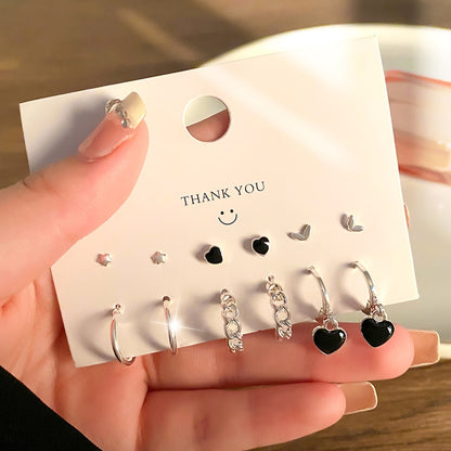 FNIO Korean Fashion Metal Love Heart Circle Drop Small Earrings for Women Trend Pendant Piercing Earrings Set Jewelry
