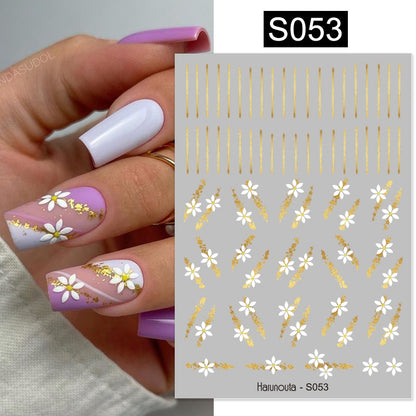 Harunouta Simple Flowers 3D Nail Stickers Gold Heart French Tip Lines Leopard Print Design Adhesive Sliders Manicure Nail Decals