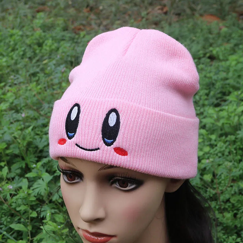 Kawaii Kirby Plush Knitted Hat Unisex Smiley Eyes Video Game Embroidery Winter Hat Plushie Knit Bonnet Fashion Boy Girl Birthday Gift