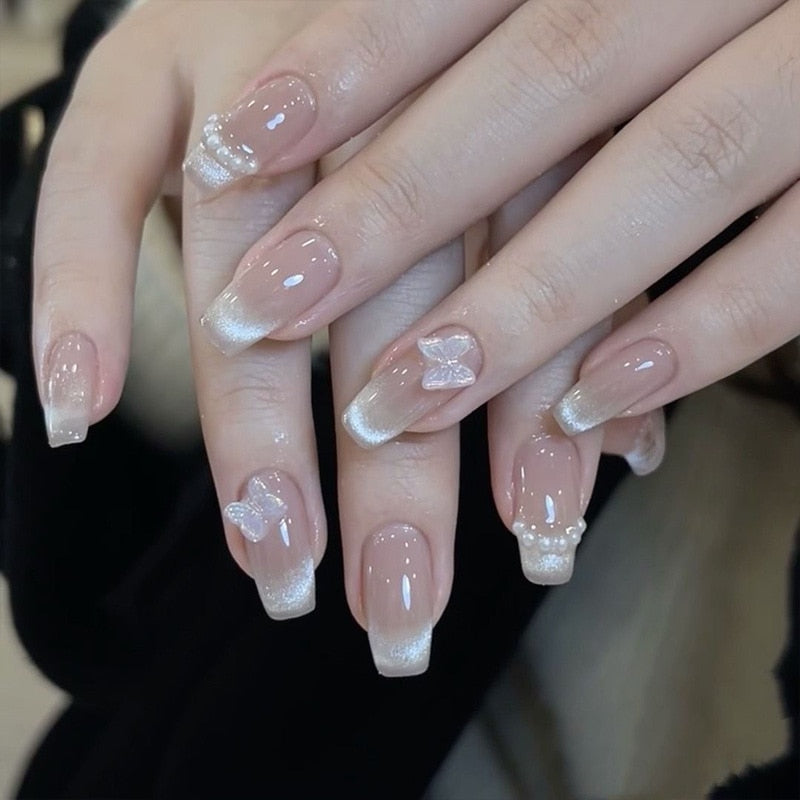 24pcs Wearable Pink Press On Fake Nails Tips With Glue false nails design Butterfly Lovely Girl false nails With Wearing Tools