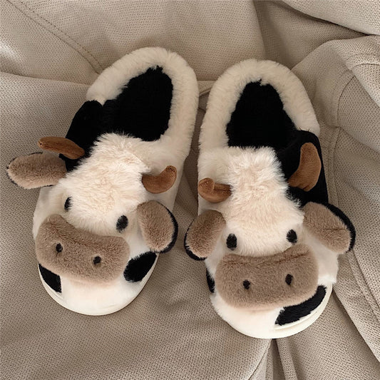 Girls Milk Cow Cushion Plush Slippers Women Home Slides Fluffy Winter Warm Cartoon House Cute Funny Shoes Zapatos De Mujer