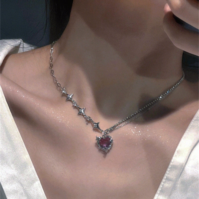 Korean Fashion Purple Crystal Heart Pendant Necklace For Women Black Crystal Egirl Cool Clavicle Chain Y2k Aesthetic Jewery Part