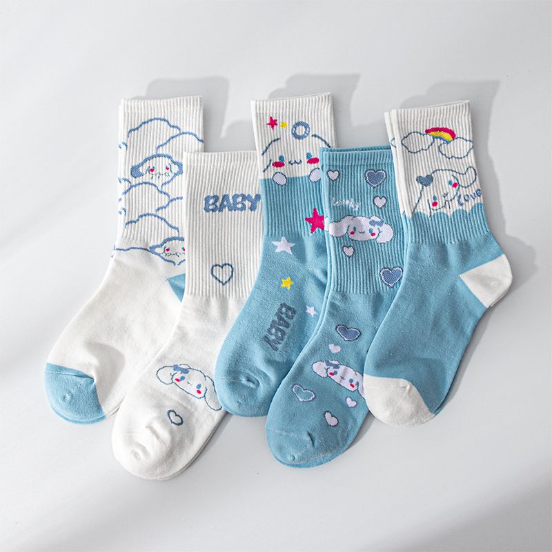 Sanrio Cinnamoroll Cardong Cartoon Girl Heart Autumn and Winter In The Tube Cartoon Socks Every Match Cute Blue Girl Wind