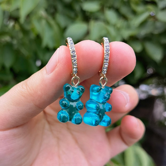 Cute Acrylic Candy Gummy Bear Dangle Earrings for Women Rainbow Bear CZ Hoop Earrings Korean Fashion Sweet Girl Jewelry