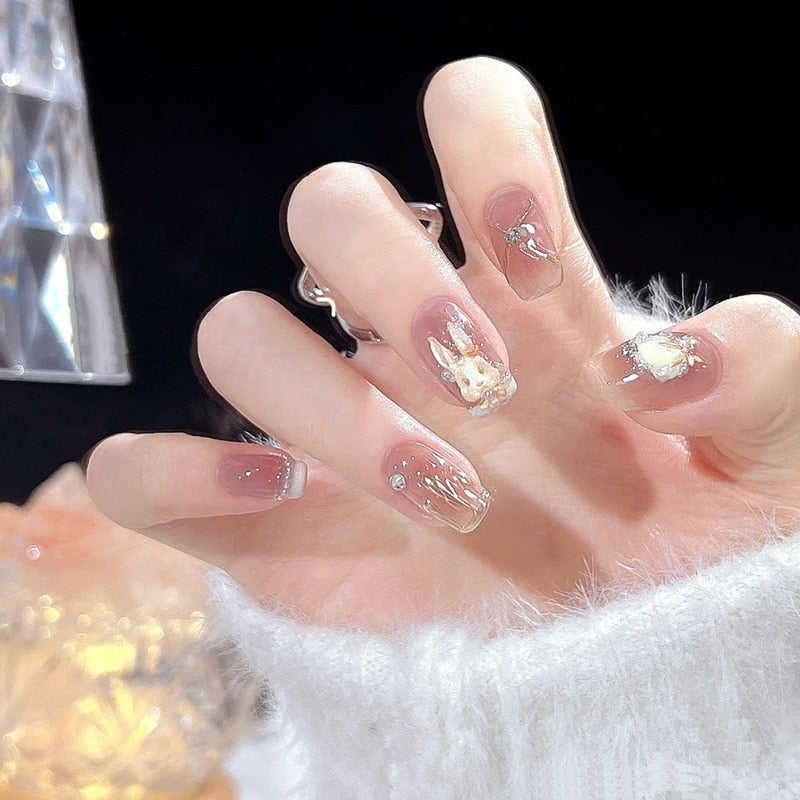 24pcs Wearable Pink Press On Fake Nails Tips With Glue false nails design Butterfly Lovely Girl false nails With Wearing Tools