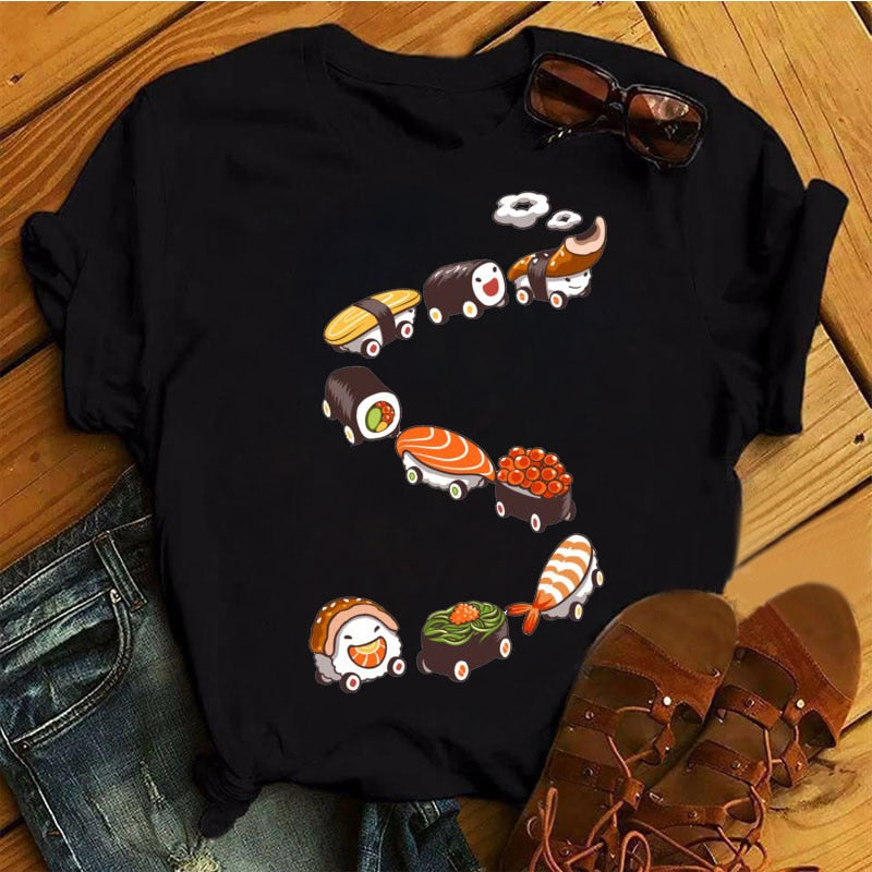 Women Black T-shirts Summer Cute Sushi hug Short Sleeve Tees shirt Femme Summer O-Nock Kawaii Clothing Tops Ladies T shirt