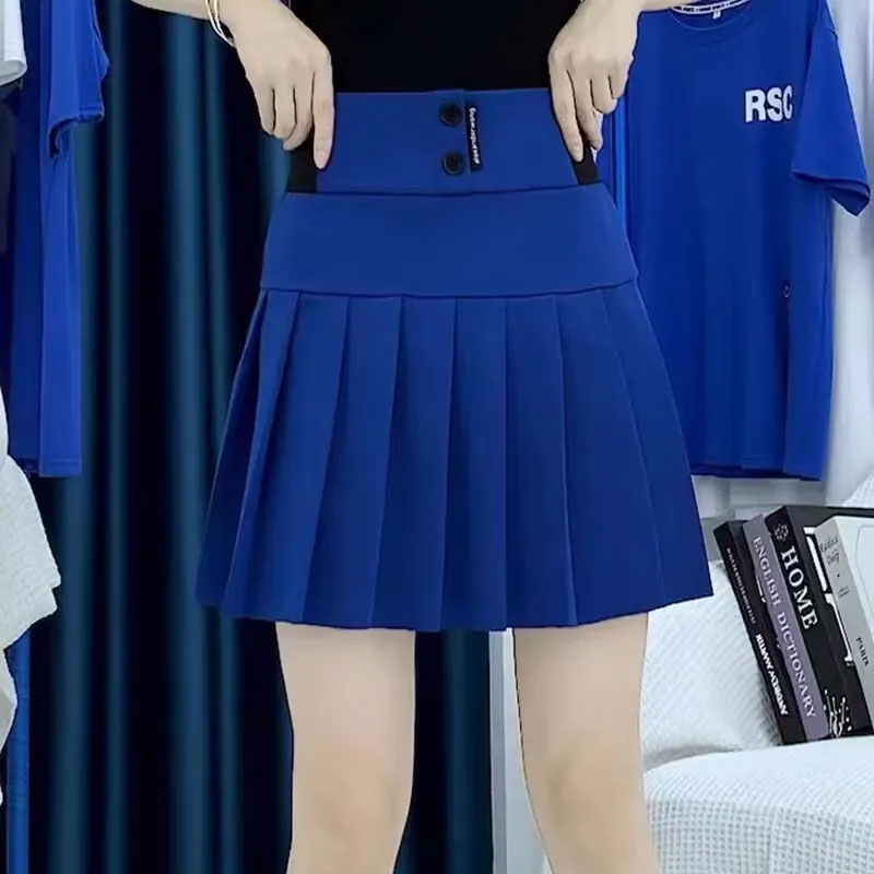 Y2K Harajuku Button Letter Printed Pleated Skirt Elastic High Waist A-Line Mini Skirt Korean Fashion School Kawaii Women Skirt
