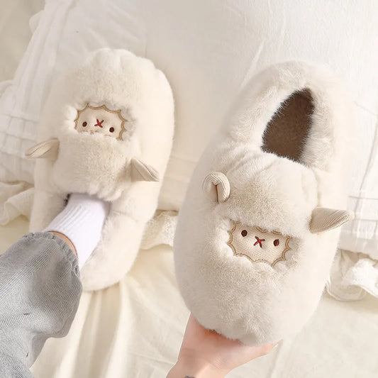 Female Winter Home Floor Shoes Cartoon Cute Little Sheep Thickened Plush Warm Cotton Shoes Cotton Slippers Warm Furry Slippers