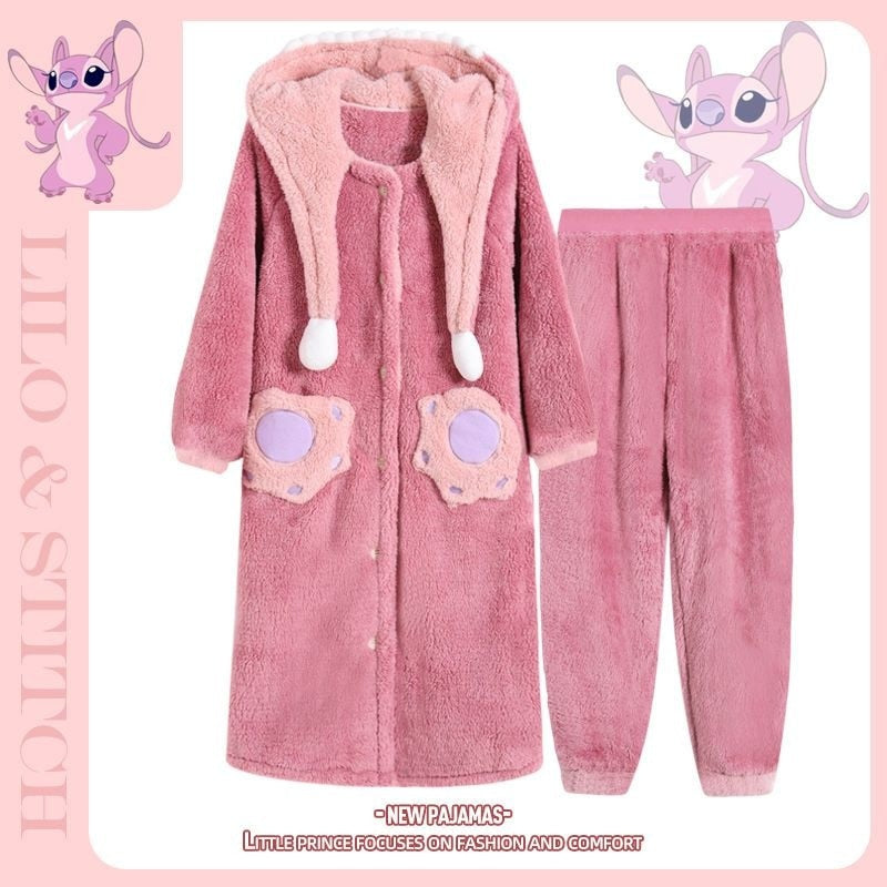 Lilo and Stitch Pajamas for Adults Disney Angel Blue Pink Hooded Couples PJs Cute Kawaii Fleece Robe Pants Set Womens Winter Warm Plush Sleepwear Female