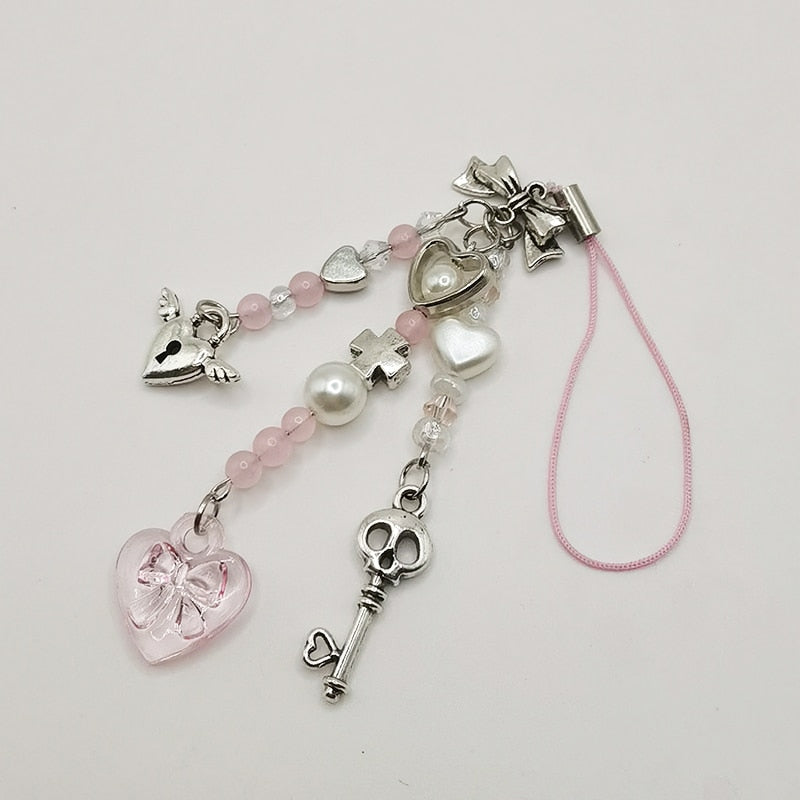 Pink Y2K Phone Charms Pendant Kawaii Key Chain For Bag iPhone Samsung Cute Accessories Women Girl Strap Lanyard Beaded Ins Korea