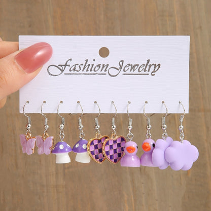 Pink Cartoon Duck Earrings Set Cute Animal Butterfly Heart Dangle Earrings For Women Girls Geometric Earring Trendy Jewelry Gift