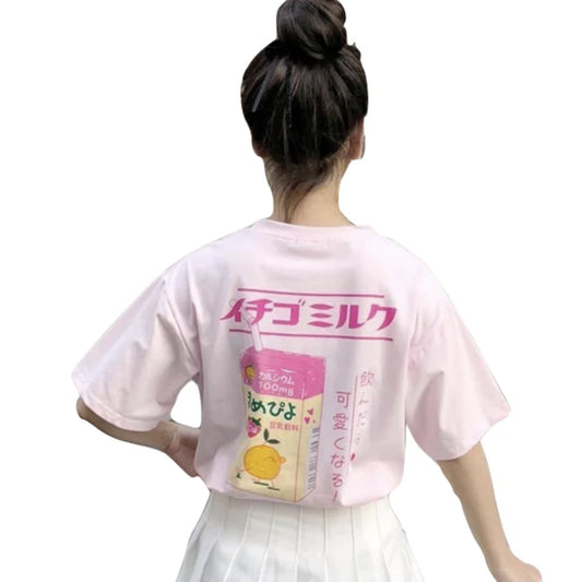 Express Your Cuteness with the Women's Kawaii Strawberry Milk Tee