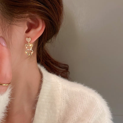 New Pearl Rhinestone Bear Love Earrings Female Exquisite Small Earrings Korea Simple Cute Earrings Female Party Jewelry