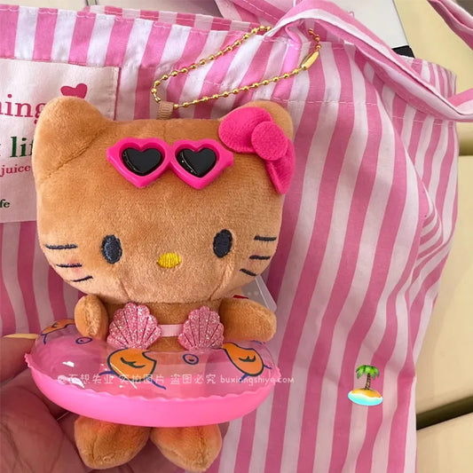 Plush Toys Kawaii Black Hawaiian Hello Kitty Swim Ring Keychain Cartoon Backpack Small Pendant Doll Girls Children Birthday Gift