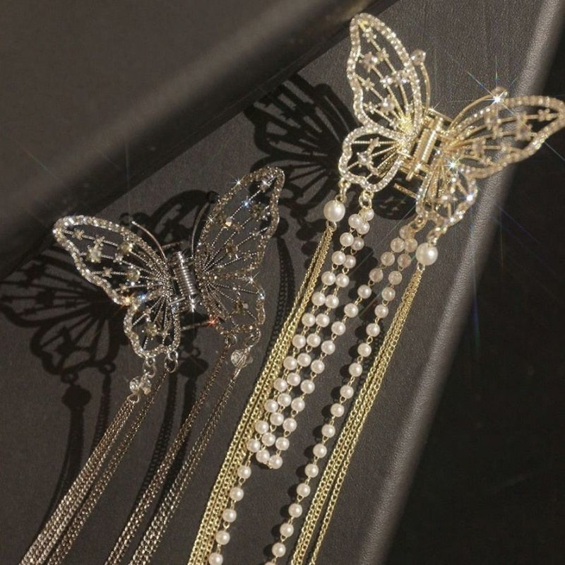 New Female Butterfly Pearl Tassel Hair Claw Rhinestone Clip Korean Simple Shark Ponytail Crab Clip Girls Hair Accessories