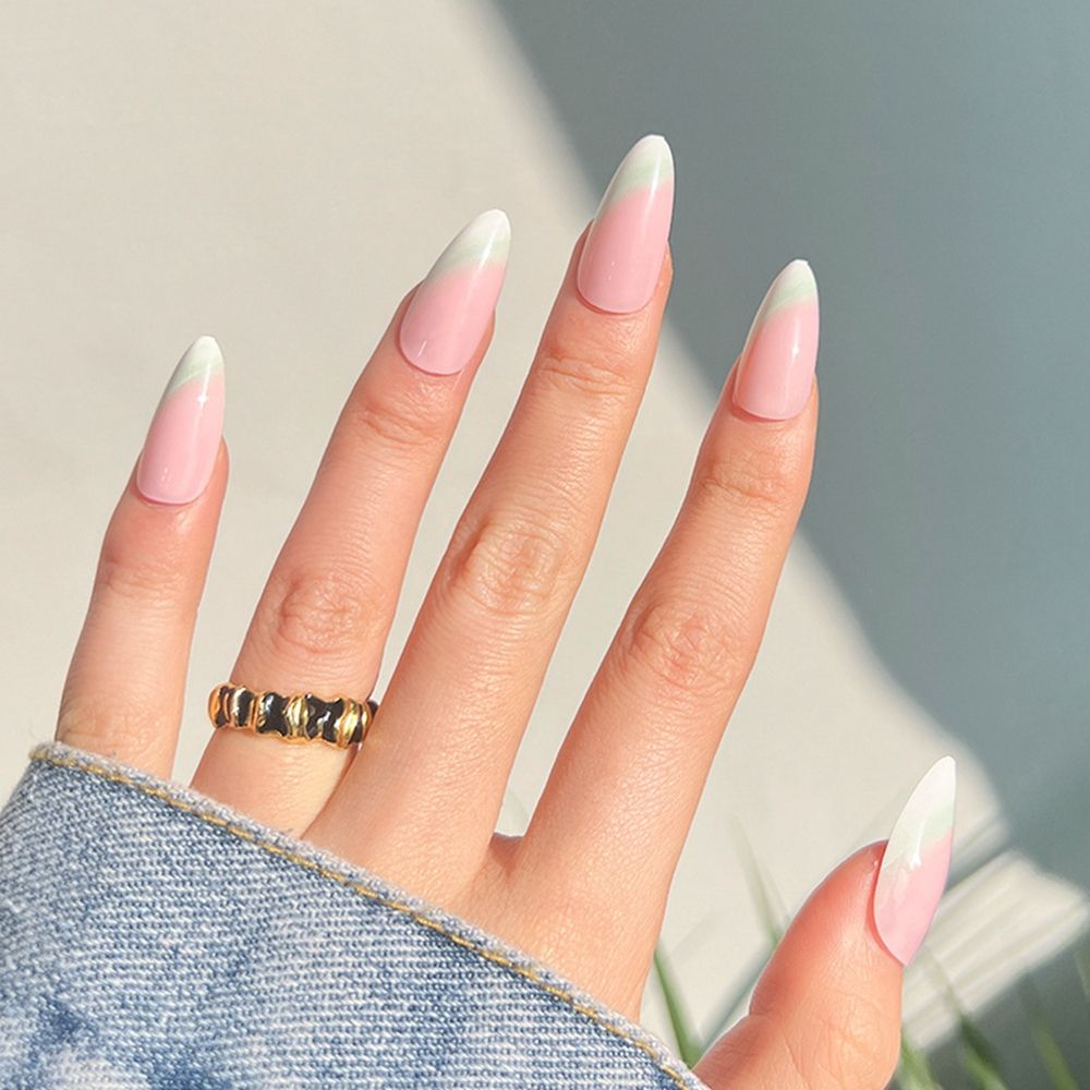 24Pcs Almond Fake Nail Gradient Simple French False Nails Daisy Flower Design Manicure Nails Detachable Full Cover Press On Nail